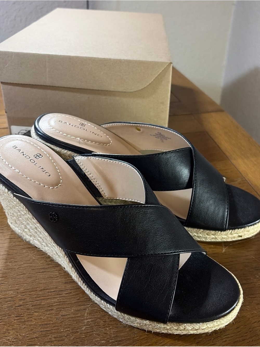 Bandolino Black Leather Crisscross Espadrille Wedge Mules